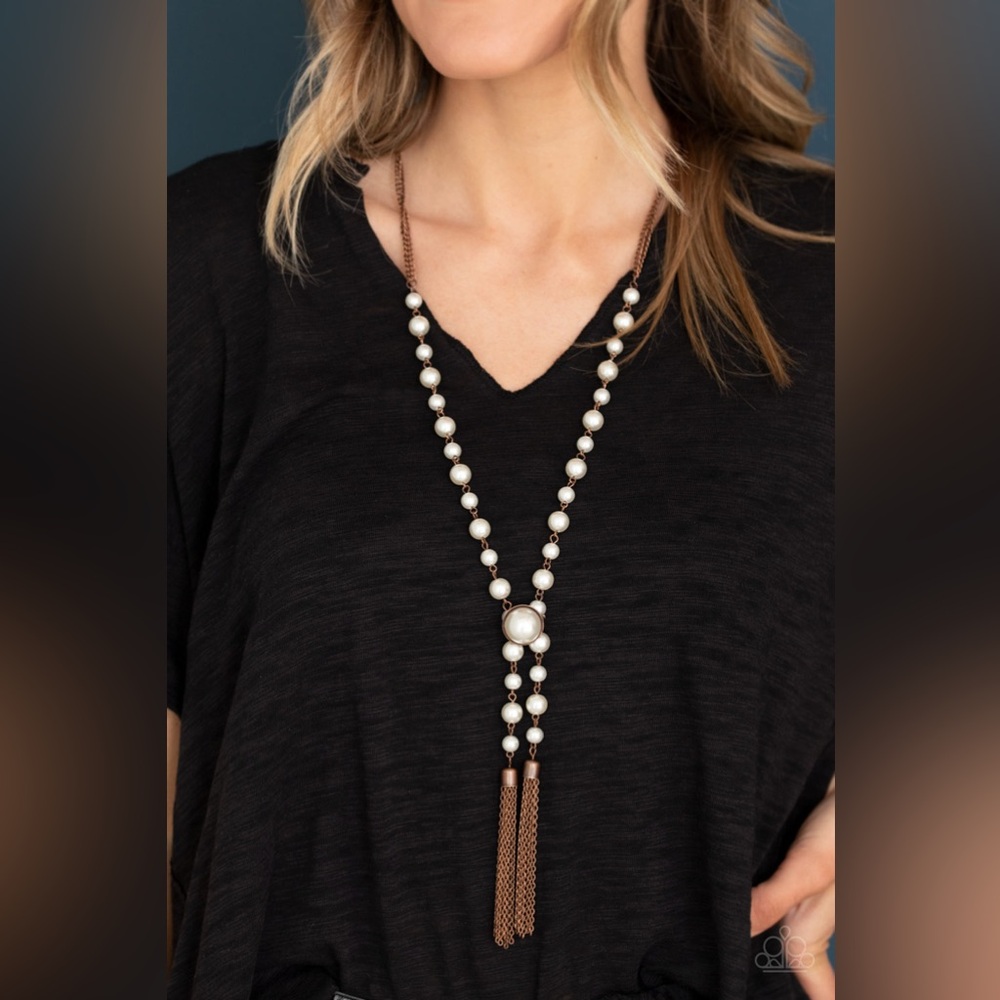 Paparazzi Pearl and Bronze Tassel Necklace